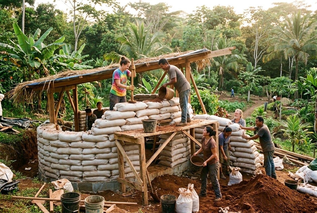 Gemeinschaftlicher Earthbag-Bau in Uganda — Menschen errichten runde Lehmbauten
