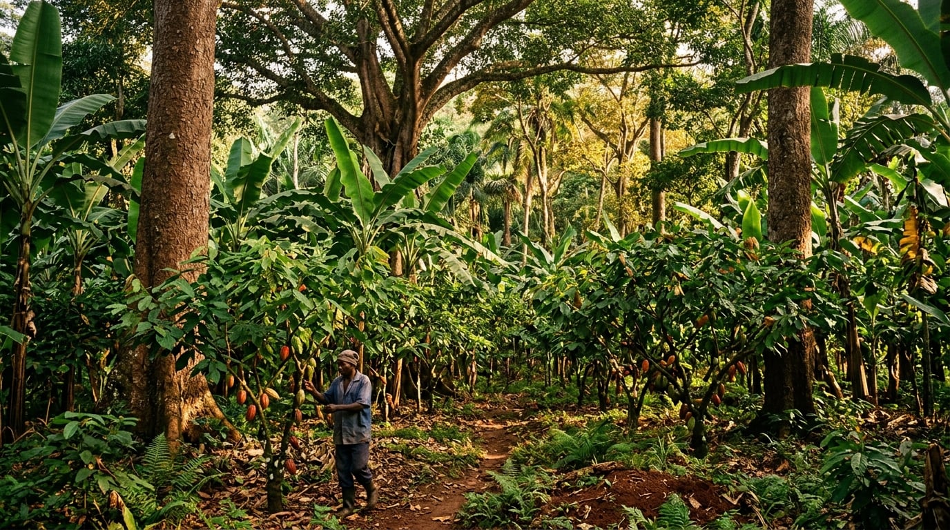 Weiter Agroforst-Garten in Uganda mit Mutuba-Bäumen, Kakao und Bananen im warmen Morgenlicht